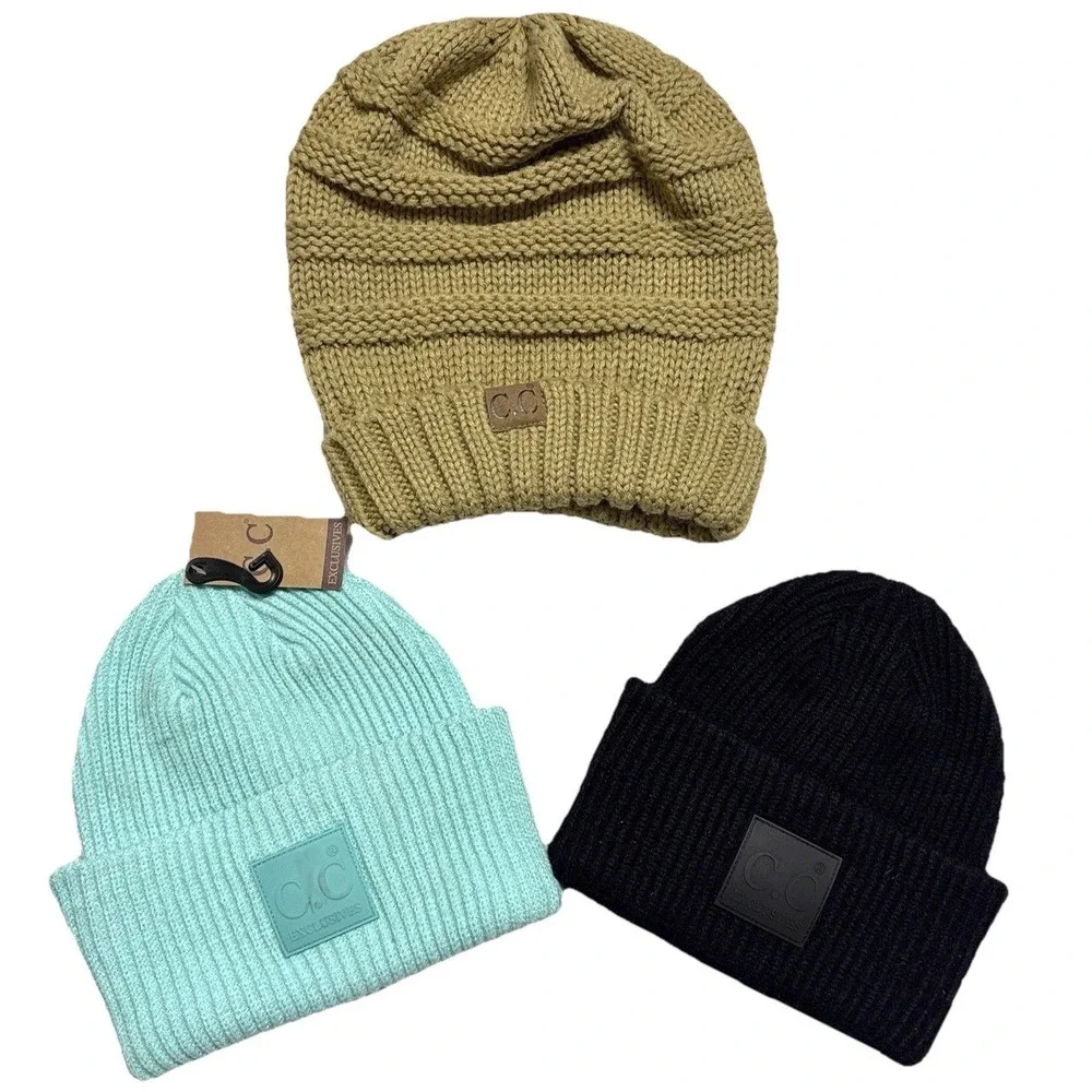 Lot (3) CC Beanies Knit Hats Black Mint Tan Ski Snow Winter Chunky